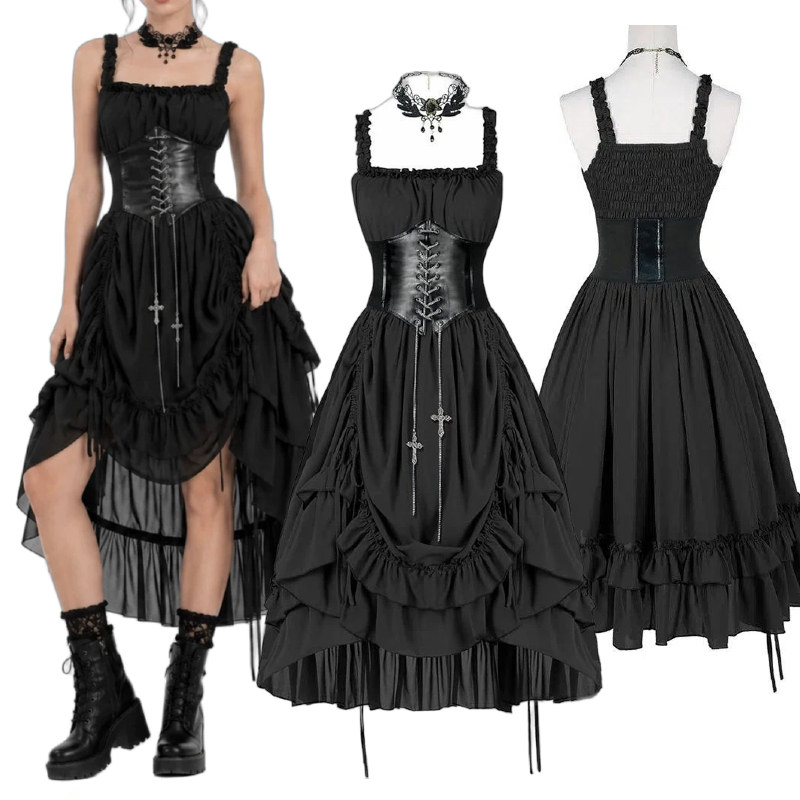 Vintage Slip Dress - Damska Gotycka Sukienka Gorsetowa Czarna Punk